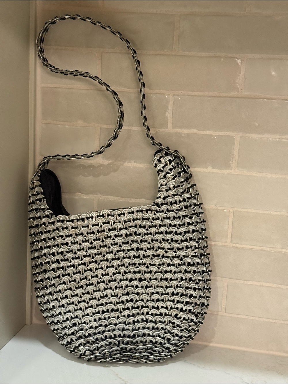 Vintage Recycled Aluminum Pull Tab Purse Black Silver Handwoven Shoulder Bag